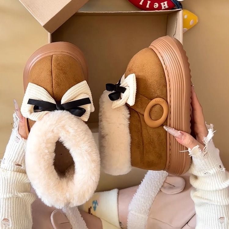 可爱卡通拼色蝴蝶结雪地靴女2025秋冬季新款时尚简约百搭厚底棉鞋