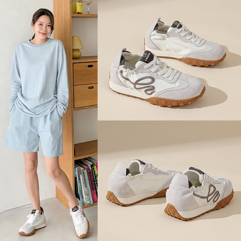 增高5CM拼色德训鞋女2026春季款系带圆头阿甘鞋防滑运动休闲鞋