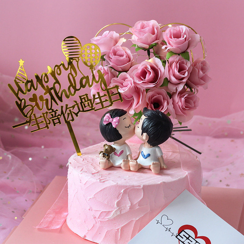 亲嘴娃娃情侣烘焙蛋糕装饰摆件 七夕情人节网红款生日甜品台插件