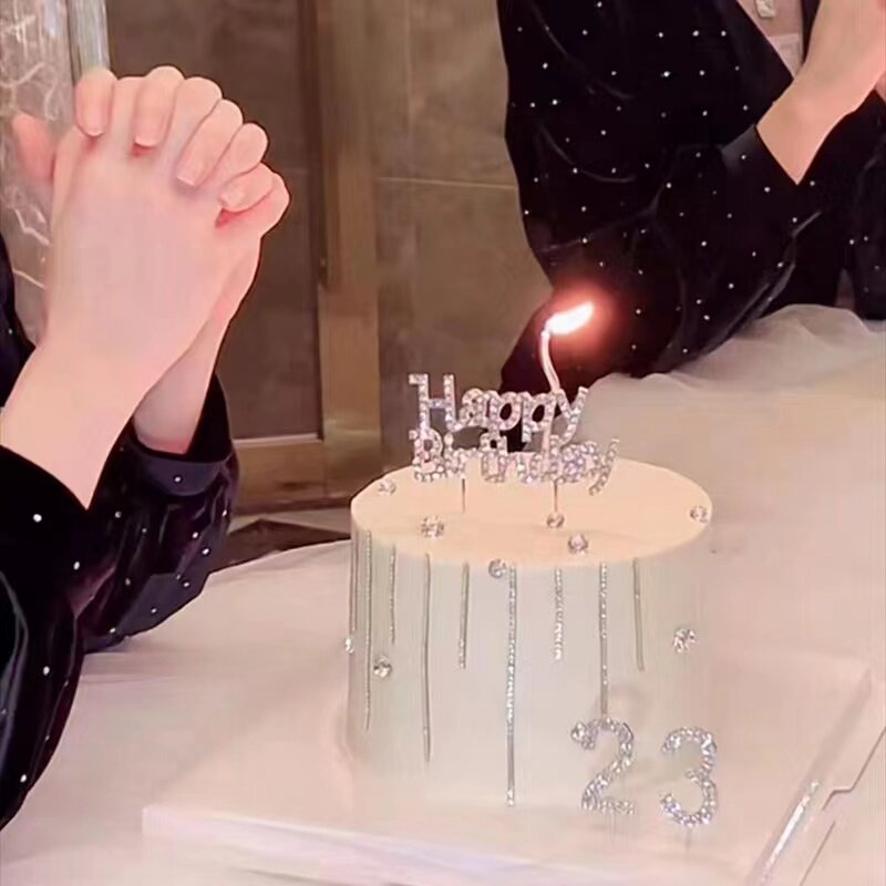 钻石happybirthday数字蛋糕插件女神生日快乐白珍珠合金英文插牌