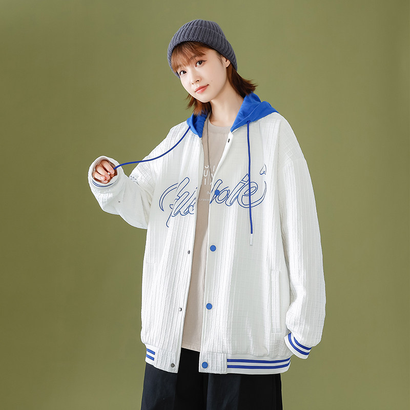 A436-6705-P85 2024春季新款中性风宽松连帽棒球服豆腐格休闲外套图片