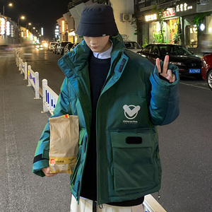 923冬装新款港风亮色保暖棉衣男宽松棉袄外套,印染蓝色衬衫搭配图片