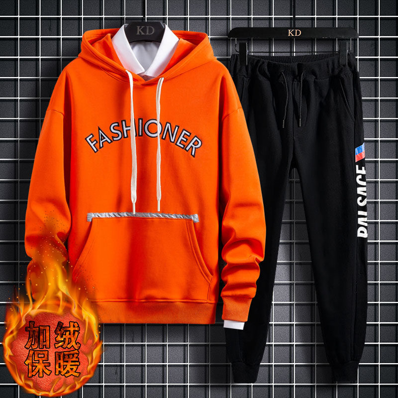 加绒套装男潮流12初中13青年14帅气卫衣加厚A436-1001--P100，男装套装，电商A436