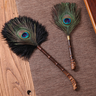 紫竹根孔雀羽毛拂尘除尘掸鸵鸟毛扫灰茶具器皿清理鸡毛禅子装饰品