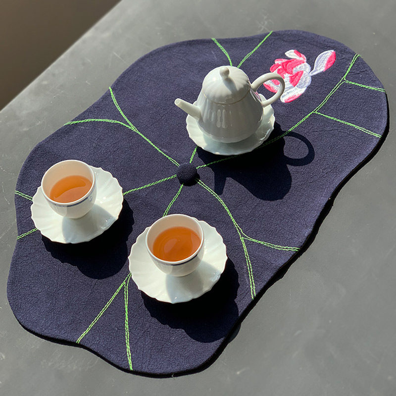 荷花小茶席刺绣麻布中式桌垫茶艺布艺功夫茶垫禅意茶盘垫茶具配件