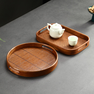 夏季新品竹制席面奉茶盘大漆双面圆形收纳围栏复古长方形沥水托盘