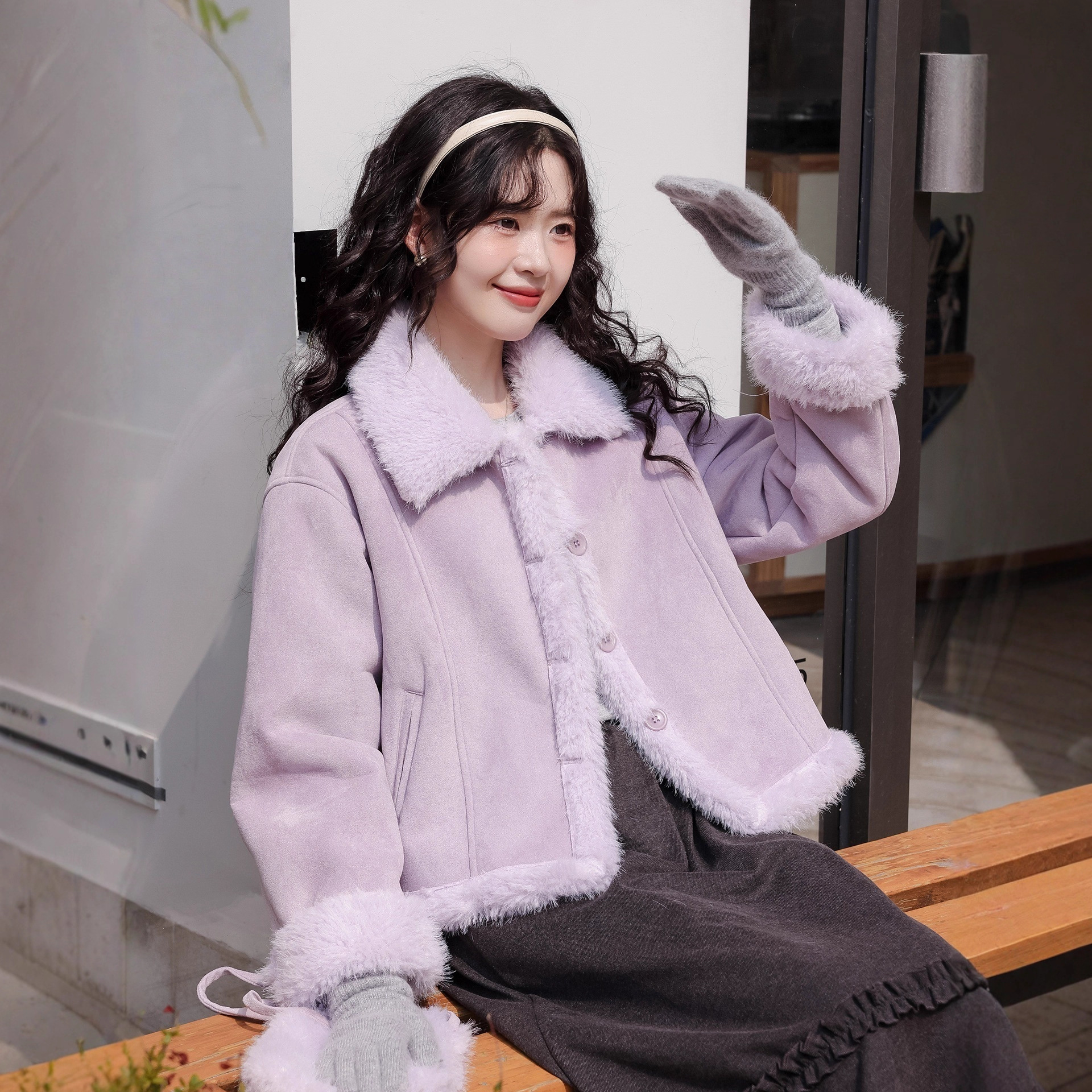 麂皮绒皮毛一体短外套女2025冬季新款小个子毛绒加厚夹克保暖上衣