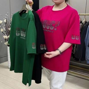 夏季 新款 烫钻衫 短袖 300斤中年妈妈夏装 女装 胖mm200 t恤女宽松大码