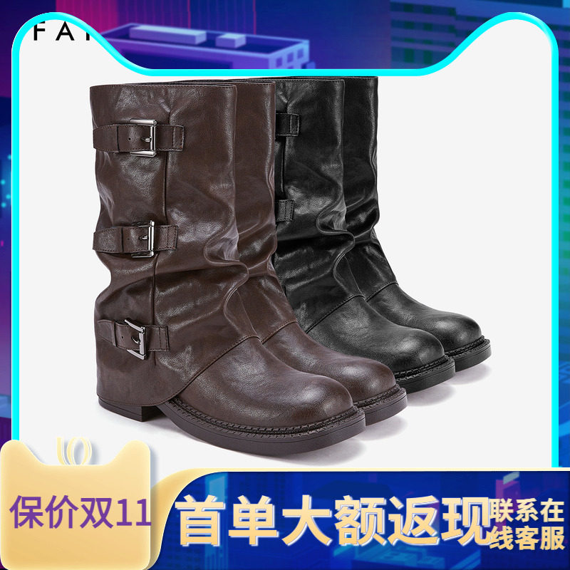 色非废土风堆堆靴骑士靴2025秋新款圆头皮带扣美拉德中筒裤管靴女,女鞋,烟筒靴,淘宝优惠券,粉丝福利购,淘宝优惠卷