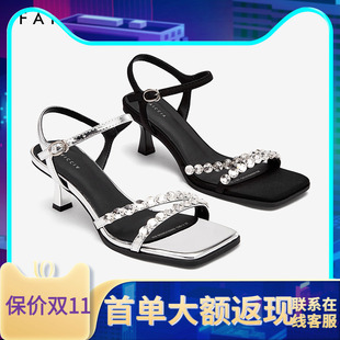 色非方头水钻一字扣带凉鞋女2025夏季新款细中跟气质优雅高跟鞋子