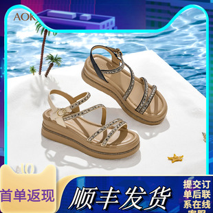 奥康 女鞋2025夏季凉鞋时装一字带水钻时尚小坡跟厚底增高凉拖鞋