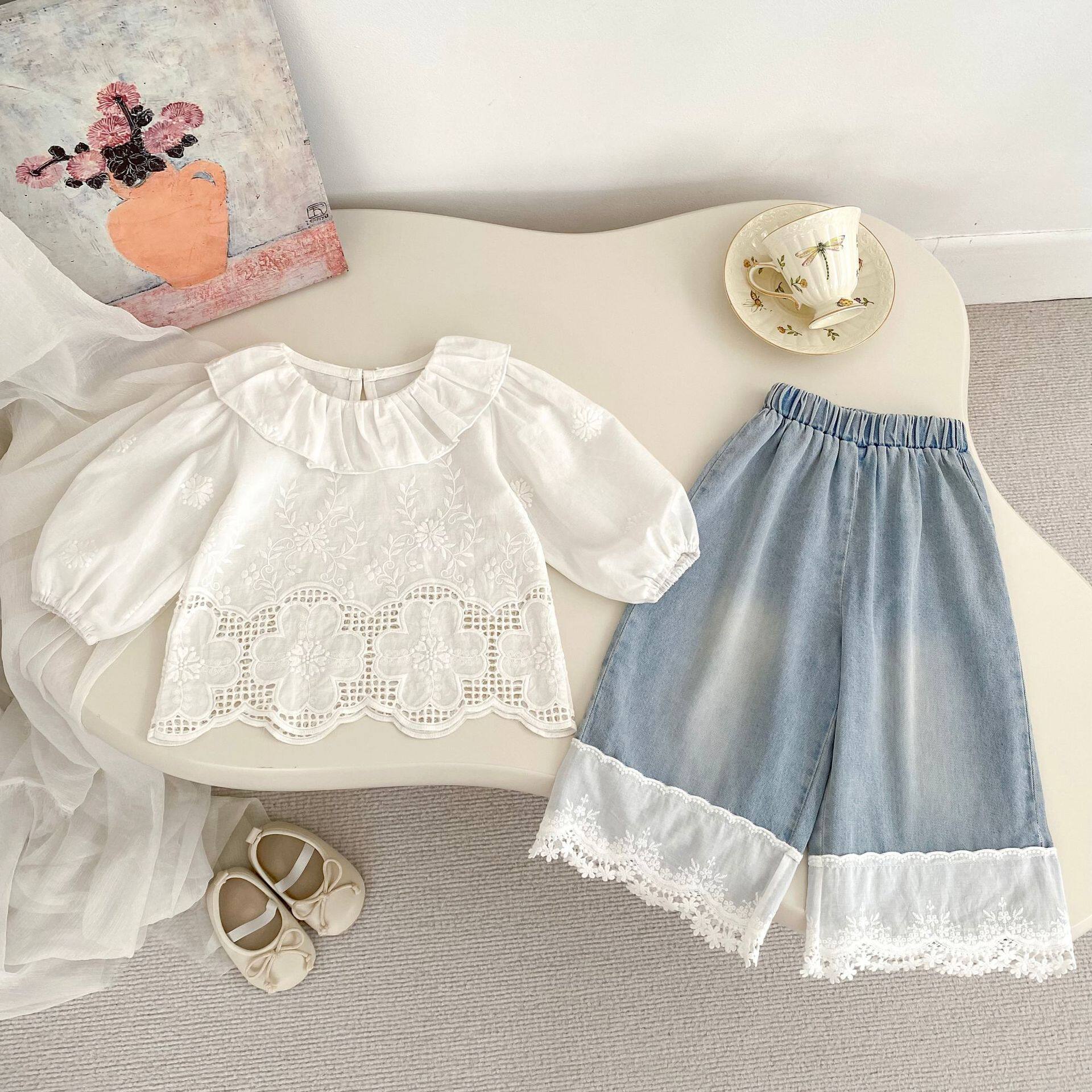 咸蛋家2026洋气女童春款套装百搭翻领衬衫时髦花边牛仔裤阔腿长裤