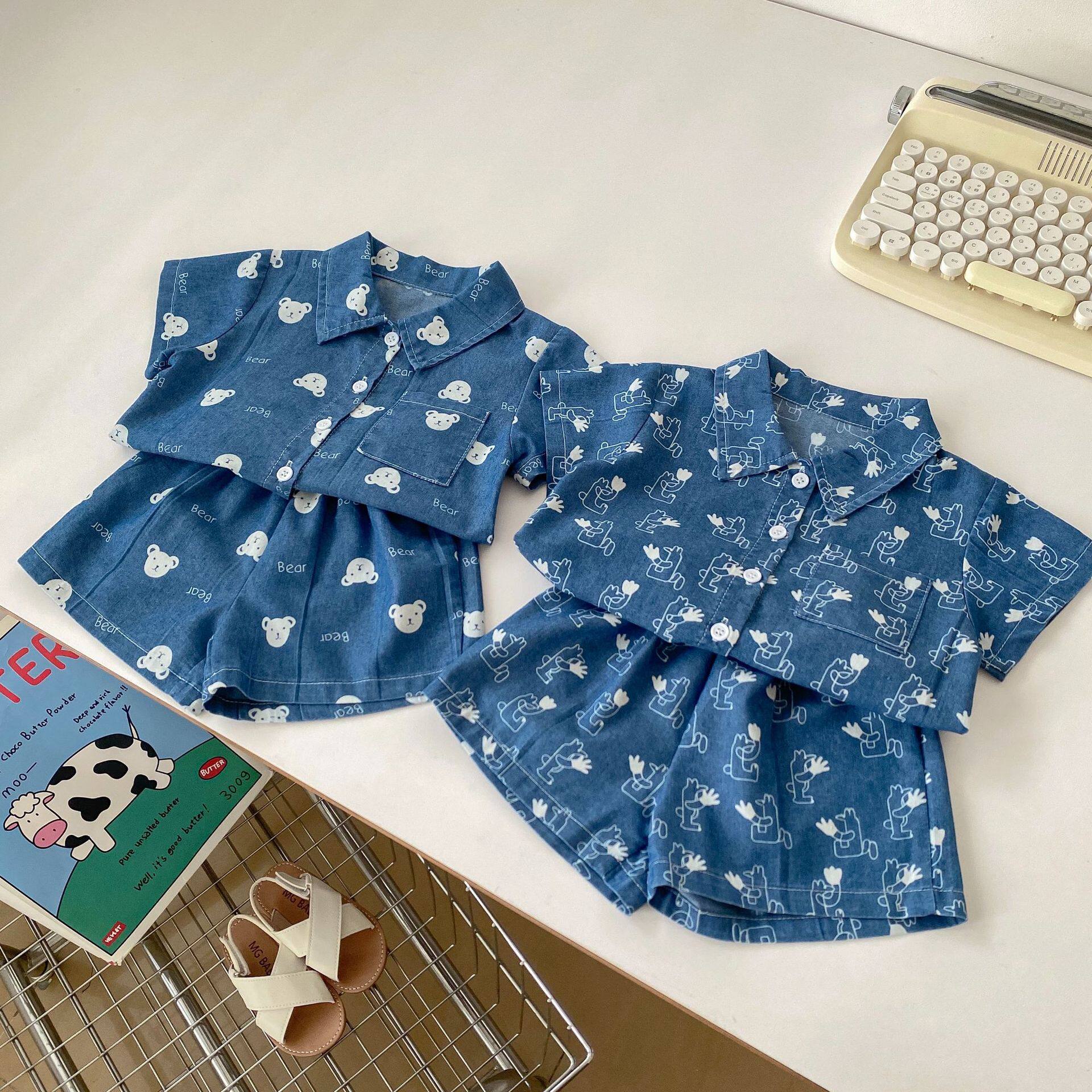 咸蛋家夏季男童牛仔套装可爱卡通翻领短袖衬衣短裤儿童家居睡衣服