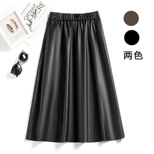 2350羊皮皮裙女秋冬新款高腰显瘦百搭长款A字半身裙大摆裙