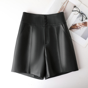 中裤 高腰显瘦休闲宽松五分裤 绵羊皮秋冬新款 F10真皮女短裤