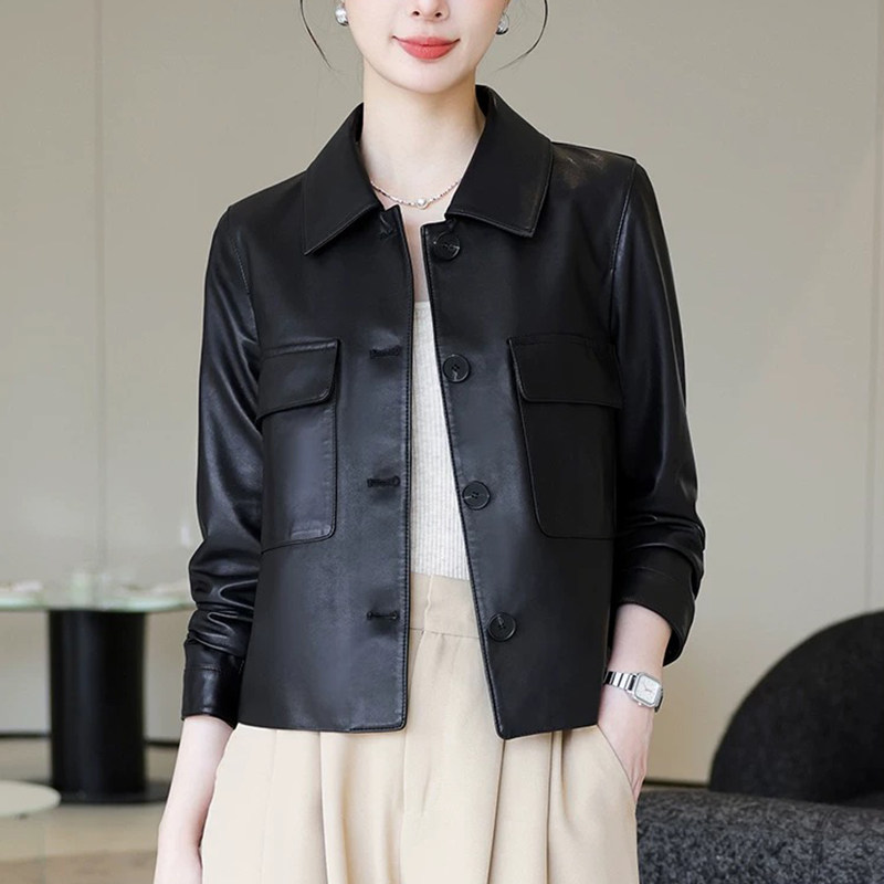 草市街女绵羊皮春秋短款翻领外套