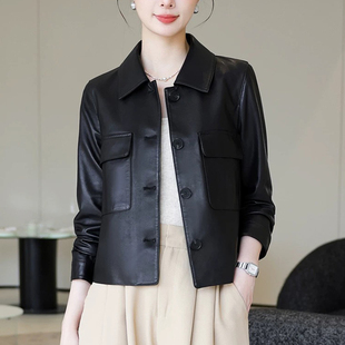 2456女绵羊皮真皮皮衣女士春秋新款时尚显瘦短款翻领外套