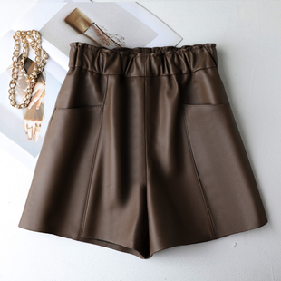 短裤 松紧高腰显瘦宽松休闲阔腿裤 女秋冬新款 2115真皮绵羊皮短裤
