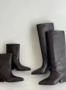 【YOON尹儿】6cm尖头粗跟一脚蹬高筒及膝靴时装靴气质百搭6138