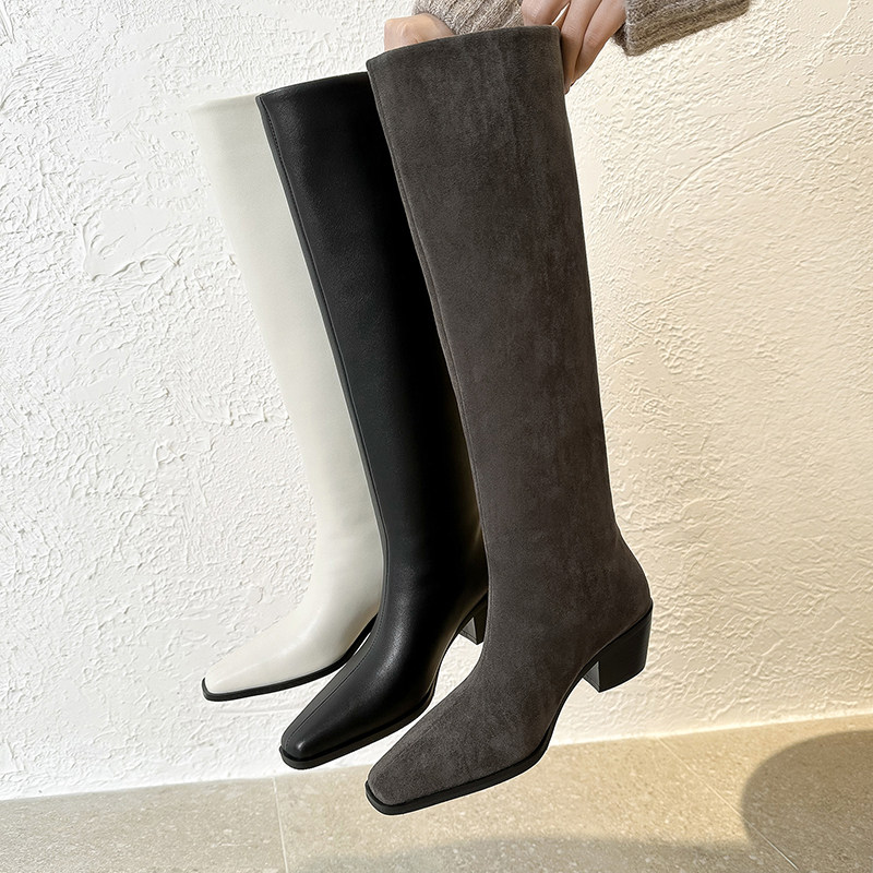 【YOON尹儿】平口5cm粗跟后拉链简约百搭骑士靴法式方头及膝靴A61,女鞋,时装靴,淘宝优惠券,粉丝福利购,淘宝优惠卷