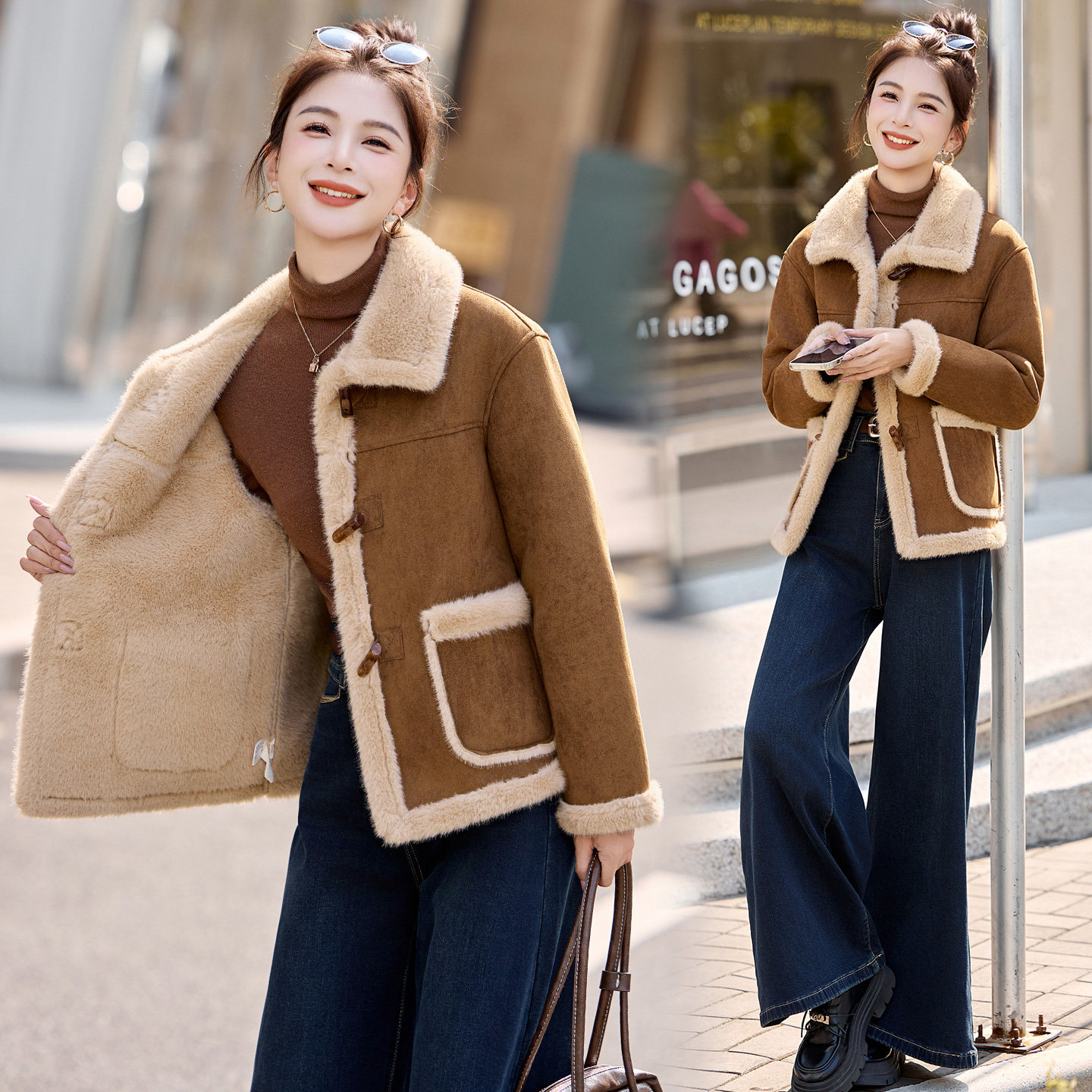 秋冬新款时尚加绒加厚皮毛一体外套女休闲百搭小个子短款保暖上衣