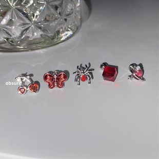 红色蝴蝶爱心锆石耳饰0.8mm钛钢螺丝耳钉耳骨钉耳蜗钉睡觉免摘