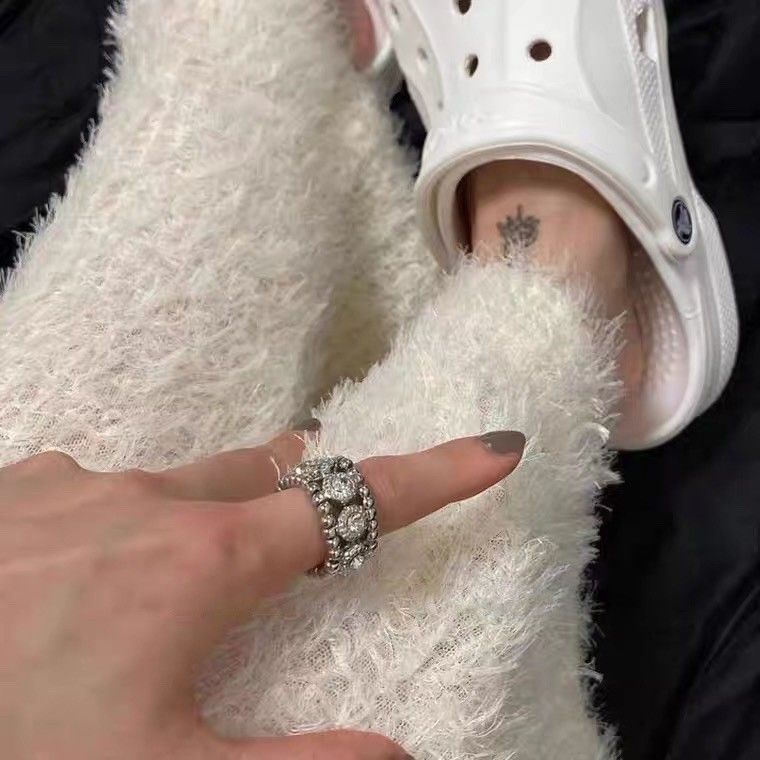 如蝶在野 纯手工串珠镶嵌锆石设计款可伸缩弹力镀白金时尚戒指女