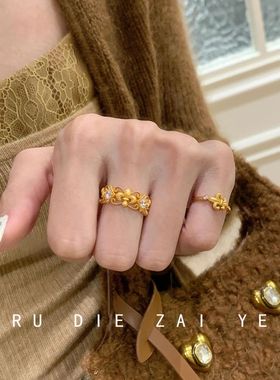 如蝶在野 Vintage中古鸢尾花蕾丝戒指女轻奢高级食指戒开口戒尾戒