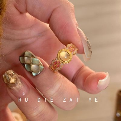 如蝶在野 粉色娇嫩！桃之夭夭粉金珐琅戒指古法国风气质开口戒