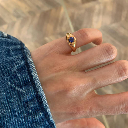 如蝶在野 新中式宝蓝锆石尾戒镀金中古高级感气质戒指叠戴开口戒