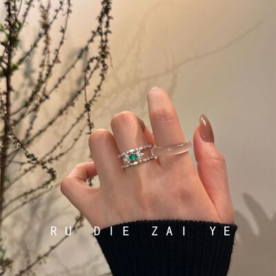 如蝶在野  繁花绿珠 新中式贵气高级感白玉髓戒指复古清冷感套戒