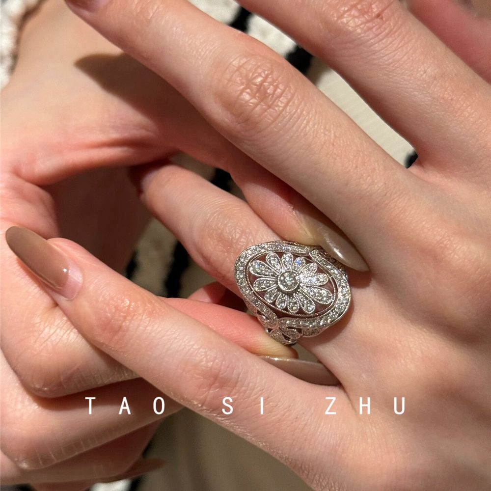 中古微镶锆石花朵戒指高级感轻奢小众设计百搭指环开口戒