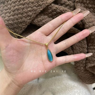 如蝶在野 海洋之心~不掉色钛钢蓝色水滴项链清冷高级感轻奢锁骨链