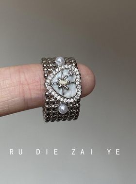 如蝶在野 vintage复古爱心珍珠蝴蝶星芒戒指轻奢高级感小众开口戒