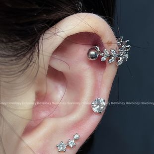 精致微镶锆石耳骨钉小众独特树叶U型耳环钛钢耳骨环耳钉女