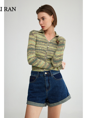 未染67056高腰牛仔短裤女宽松显瘦夏季新款ins风撞色热裤阔腿短裤