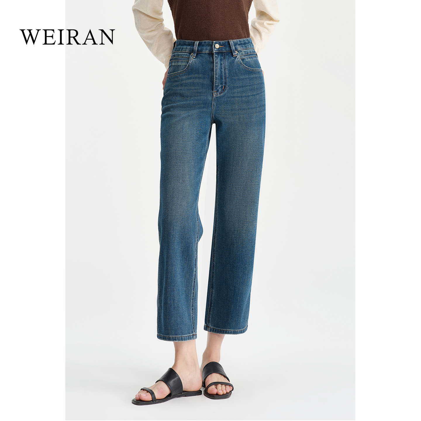 高腰直筒九分牛仔裤女