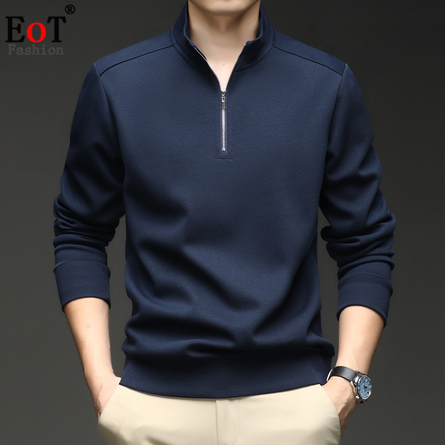 秋装新款纯棉长袖T恤男士立领半拉链纯色POLO衫休闲卫衣体恤上衣