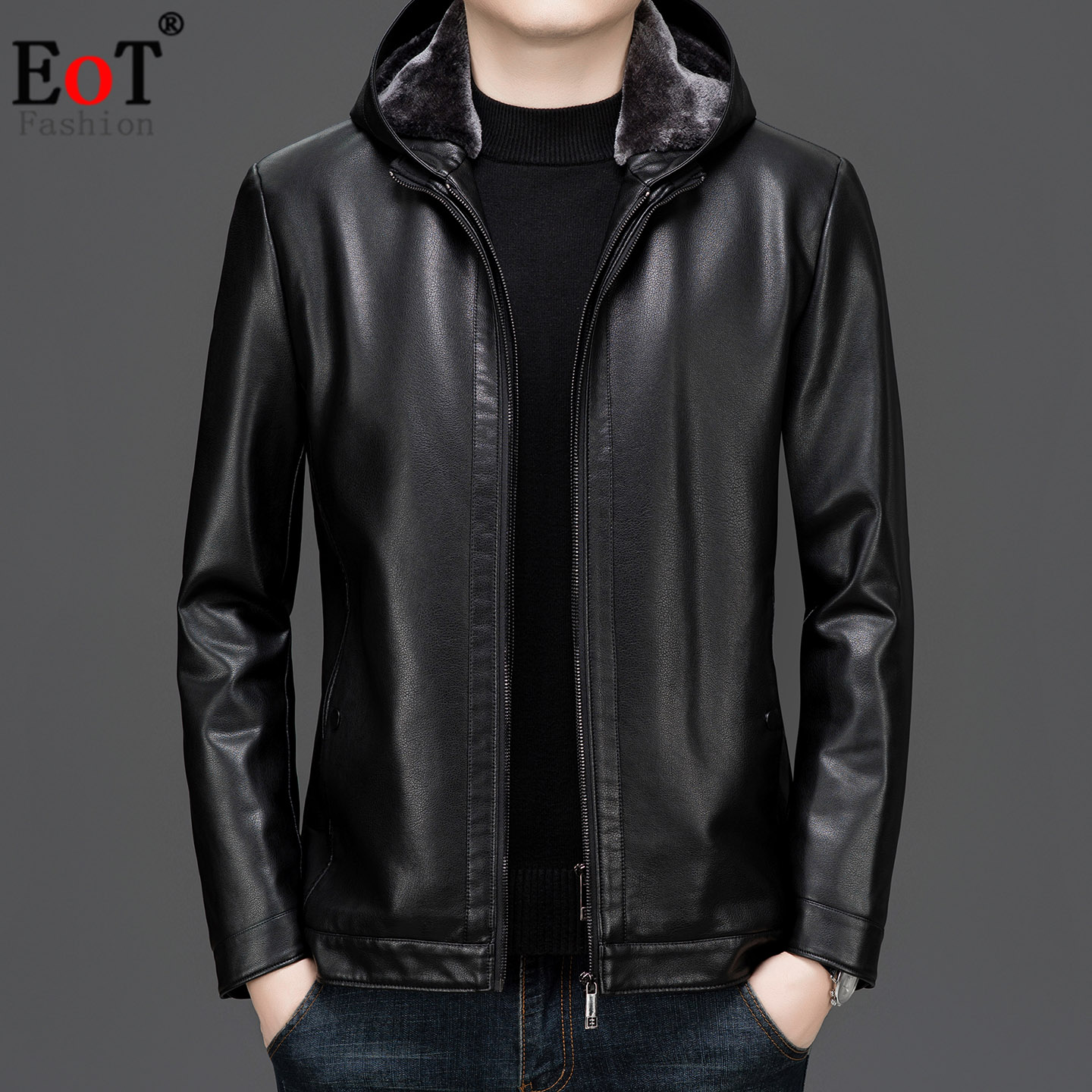 加绒加厚皮衣连帽PU皮防寒保暖