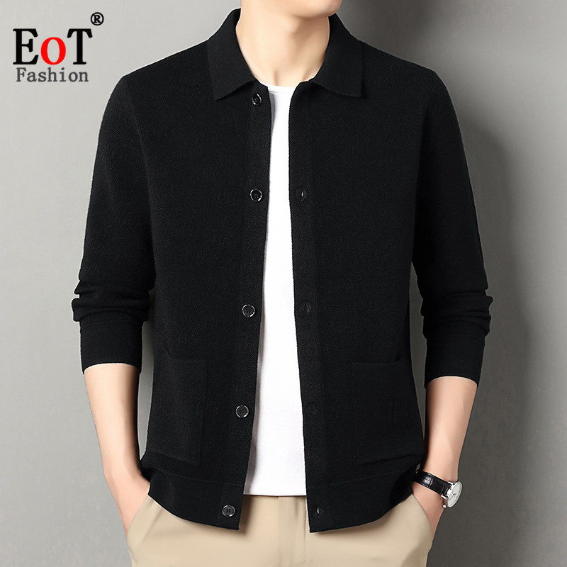 2024年秋冬新款中年男士翻领开衫休闲纽扣含羊毛衣针织外套爸爸装