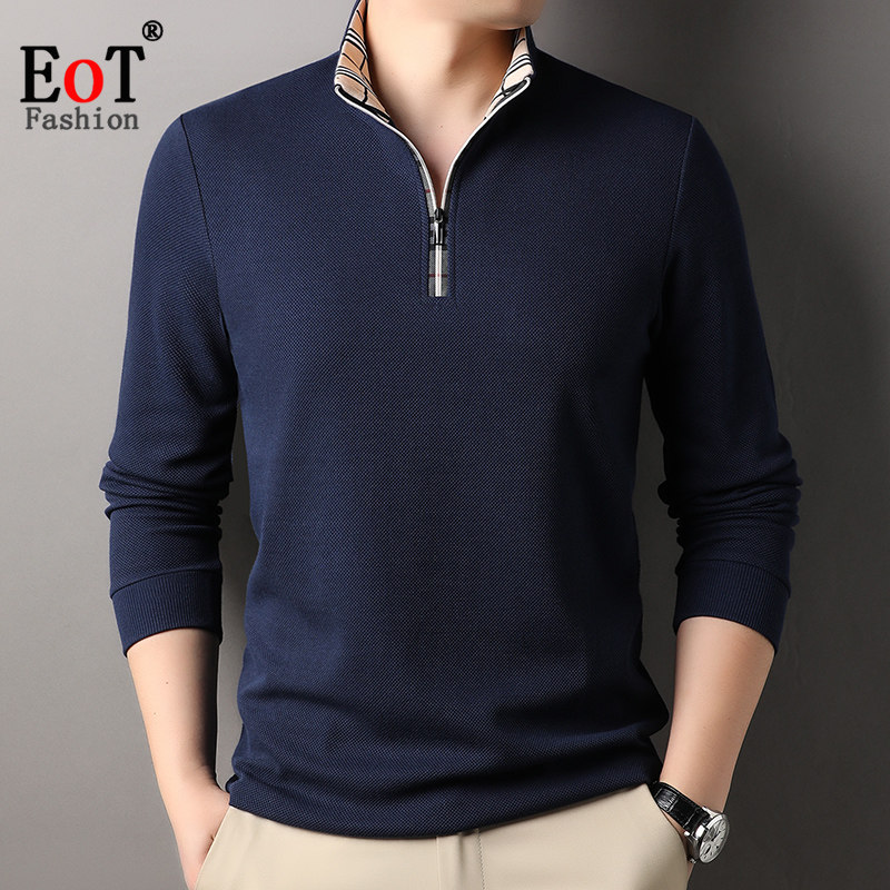 春装新款中年男士丝光棉长袖T恤立领半拉链polo衫商务休闲体恤衫