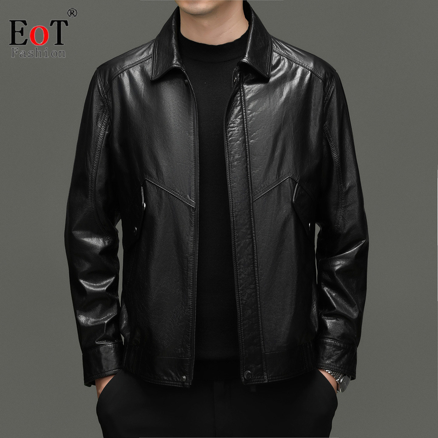 翻领真皮皮衣男外套秋冬潮流休闲机车服头层牛皮高档海宁皮夹克