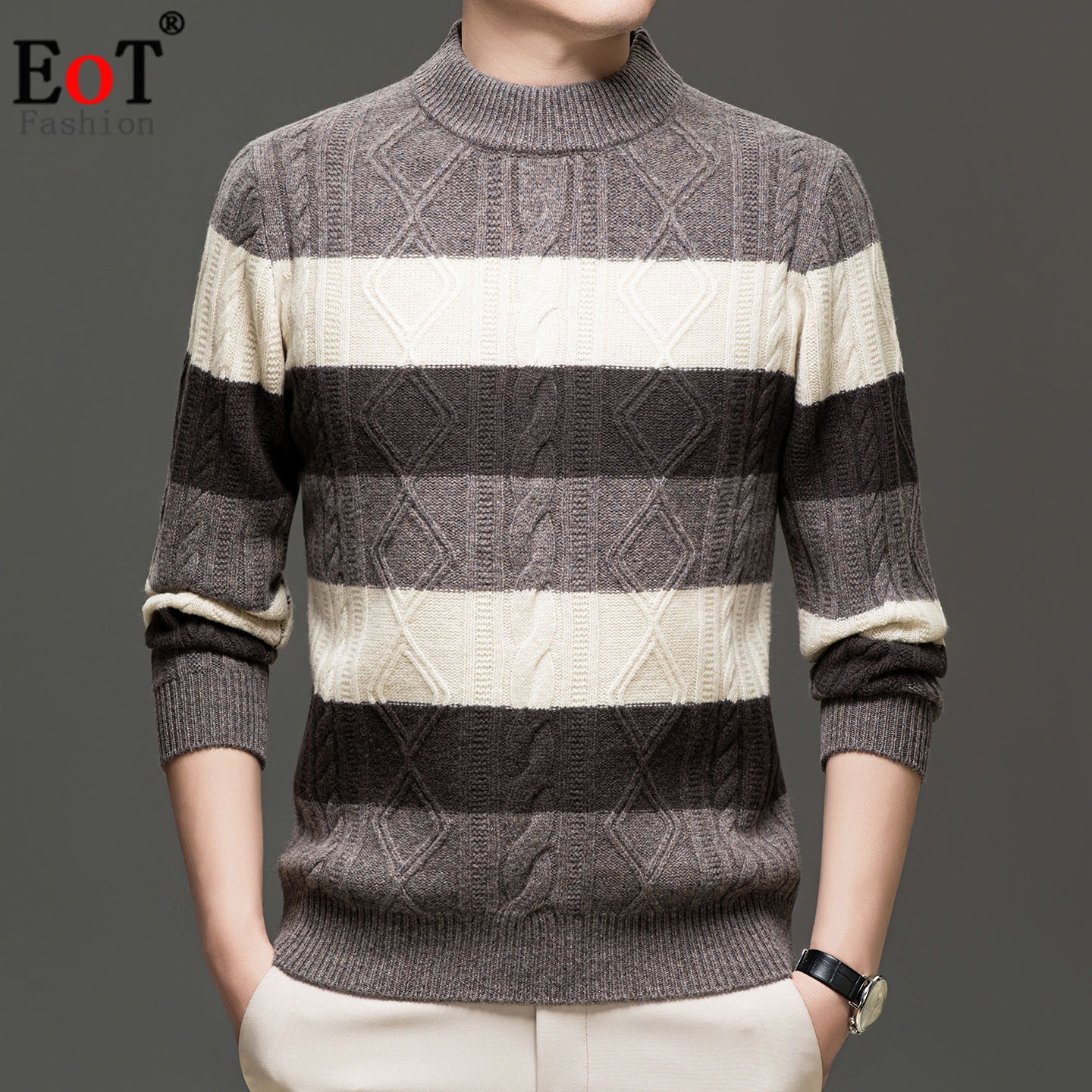 男士圆领条纹撞色针织衫纯羊毛衫休闲保暖毛衣秋冬季新款套头加厚