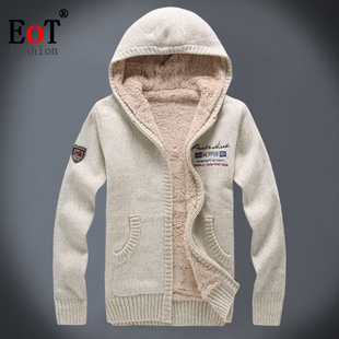 毛衣连帽保暖宽松休闲刺绣毛线衣针织衫 加绒加厚开衫 外套 男士 冬装