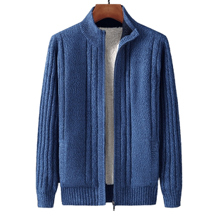 冬装新款加绒加厚毛衣男外套开衫拉链立领宽松保暖纯色针织毛线衣