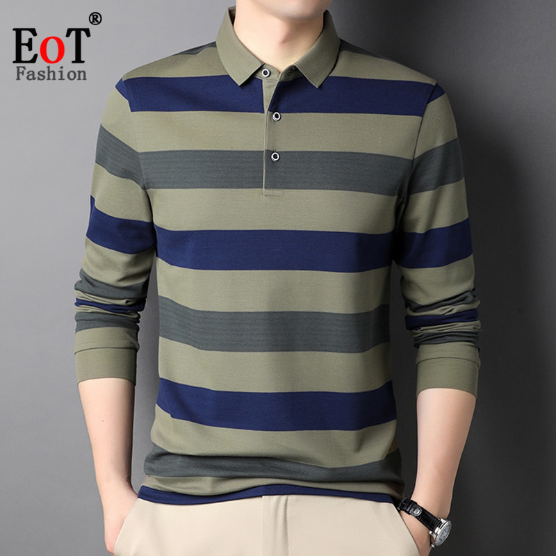 纯棉长袖T恤男士翻领宽松商务休闲条纹POLO衫宽松中年爸爸装全棉