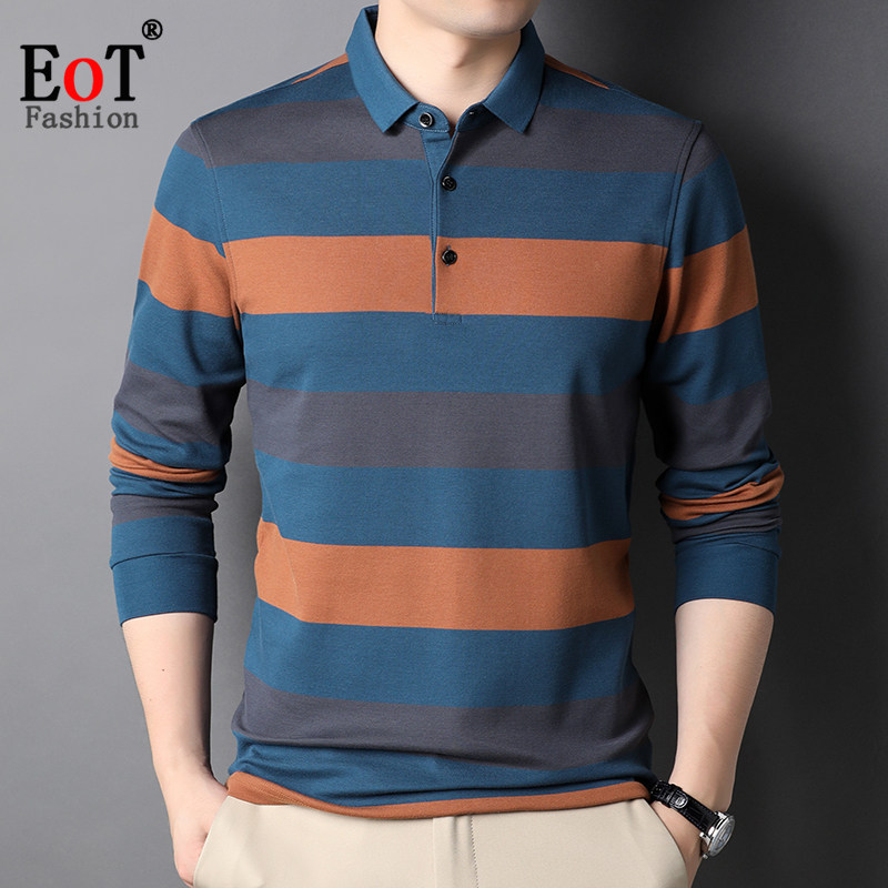 春装中年男士纯棉长袖T恤翻领宽松休闲条纹polo衫爸爸装全棉体恤