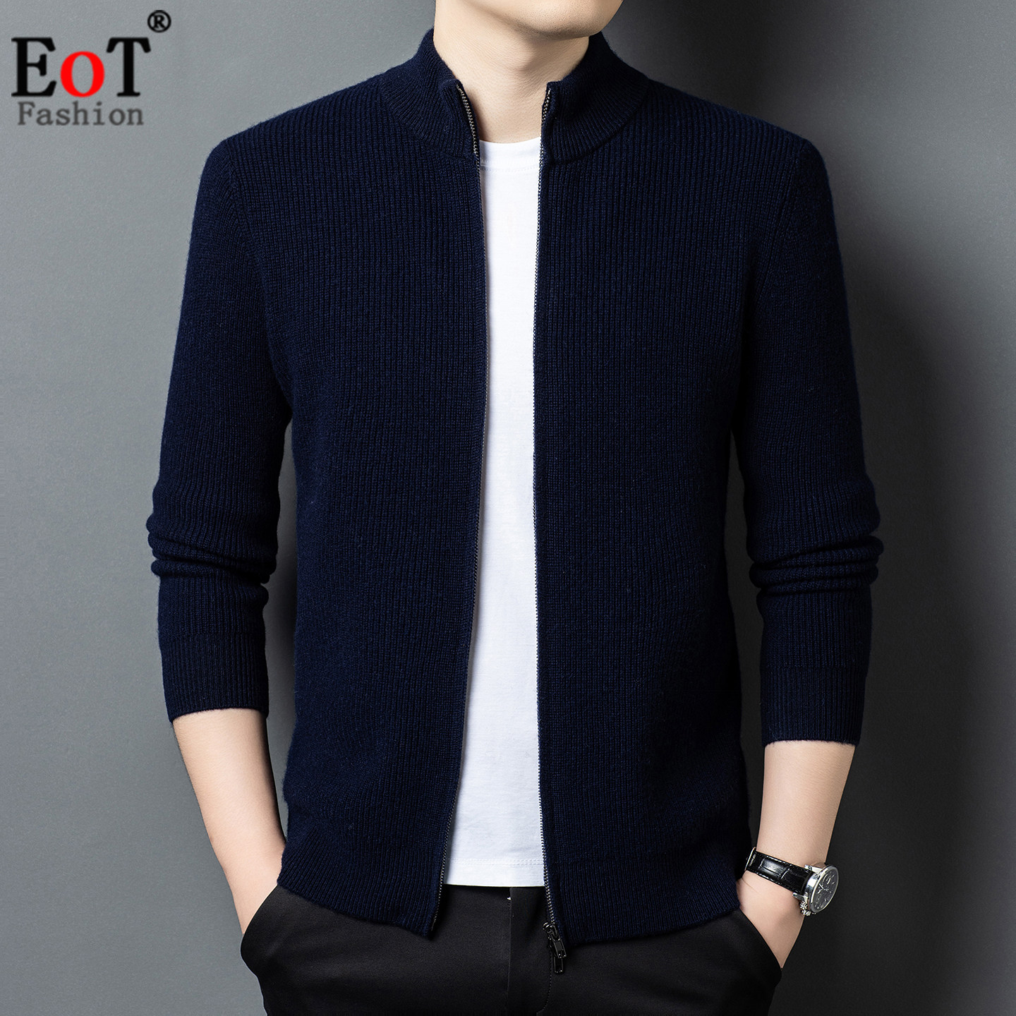 冬季加厚保暖100%绵羊毛衫男士半高立领开衫拉链休闲针织毛衣外套