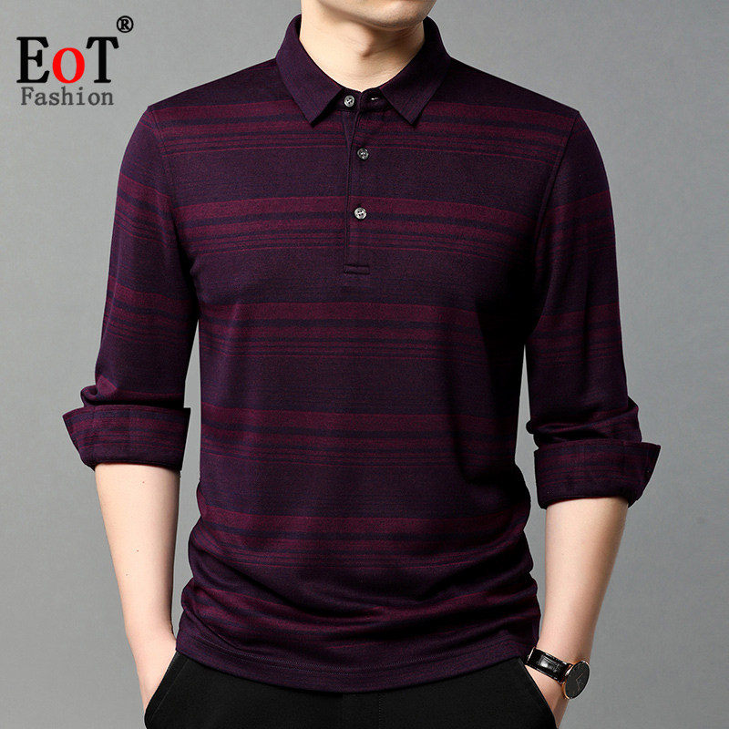 春装中年男士长袖T恤翻领宽松休闲中老年爸爸装条纹扣袖体恤衫男