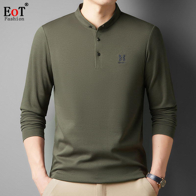 春秋中年男士小立领长袖T恤丝光棉纯色宽松百搭休闲爸爸装体恤衫